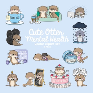 Premium Vektor Clipart - Kawaii Otter - süße Otter Mental Gesundheit Clipart Set - hochwertige Vektoren - Instant Download - Kawaii Clipart