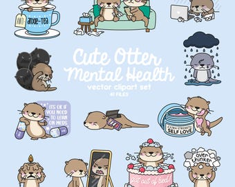 Premium Vector Clipart - Kawaii Otters - Cute Otters Mental Health Clipart Set - High Quality Vectors - Instant Download - Kawaii Clipart