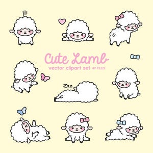 May include: A set of nine cartoon illustrations of cute white lambs in various poses, including sleeping, standing, and walking. The lambs have pink noses, black eyes, and some have pink or blue bows. The illustrations are on a light yellow background.