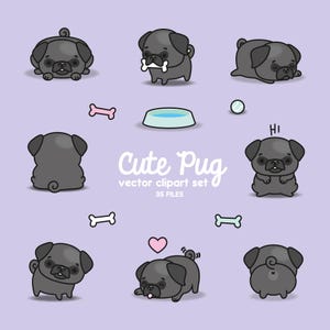 Premium Vector Clipart - Kawaii Pugs - Cute Black Pugs Clipart Set - High Quality Vectors - Instant Download - Kawaii Clipart