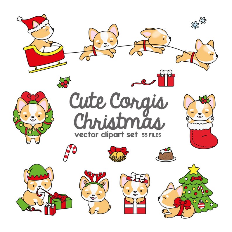 May include: Cute Corgi dogs dressed in Christmas outfits.  The Corgis are wearing Santa hats, elf hats, reindeer antlers, and a wreath.  The Corgis are pulling a sleigh, holding a candy cane, a bell, a Christmas tree, and a stocking.  The text "Cute Corgis Christmas" is written in the center of the image.