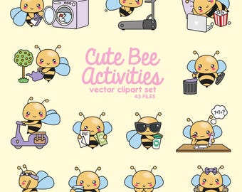 Premium Vector Clipart - Kawaii Bee - Cute Bees Planning Clipart - Cute Bee Getting Stuff Done - Instant Download - Kawaii Clipart