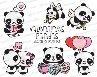 Premium Vector Clipart - Kawaii Valentines Day Pandas - Valentines Day Panda Clipart Set - High Quality Vectors Cute Valentines Day Clipart