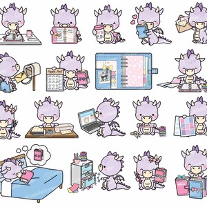 May include: A set of 18 digital clipart images featuring a purple dragon with pink accents. The dragon is shown in various poses, including holding a planner, a cup of coffee, and a letter. The dragon is also shown decorating a planner with washi tape and stickers. The clipart is perfect for planners, journals, and other creative projects.