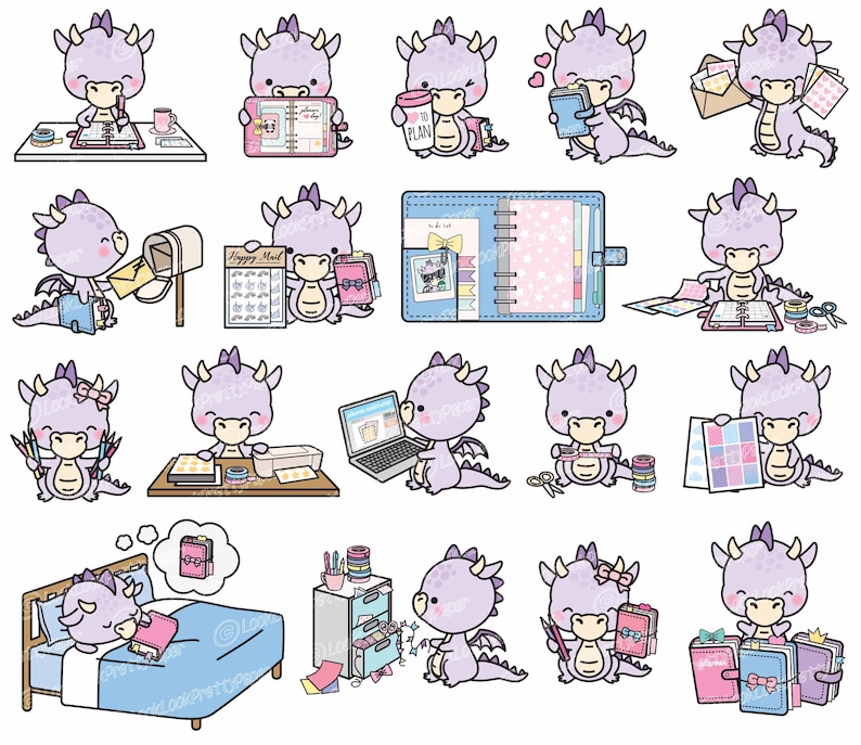 May include: A set of 18 digital clipart images featuring a purple dragon with pink accents. The dragon is shown in various poses, including holding a planner, a cup of coffee, and a letter. The dragon is also shown decorating a planner with washi tape and stickers. The clipart is perfect for planners, journals, and other creative projects.