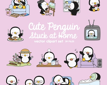 Premium Vector Clipart - Kawaii Penguin - Cute Penguin Locked Down at Home Clipart - Penguin Lockdown - Instant Download - Kawaii Clipart