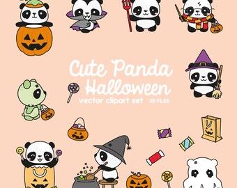 Premium Vector Clipart - Kawaii Halloween Pandas - Cute Halloween Pandas Clipart Set - High Quality Vectors - Kawaii Halloween Clipart