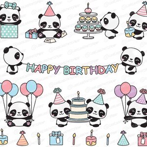 May include: A collection of cartoon panda illustrations with birthday themes. Pandas are shown with gifts, balloons, cupcakes, and a cake. The phrase "HAPPY BIRTHDAY" is displayed on a banner. The color palette includes pastels.