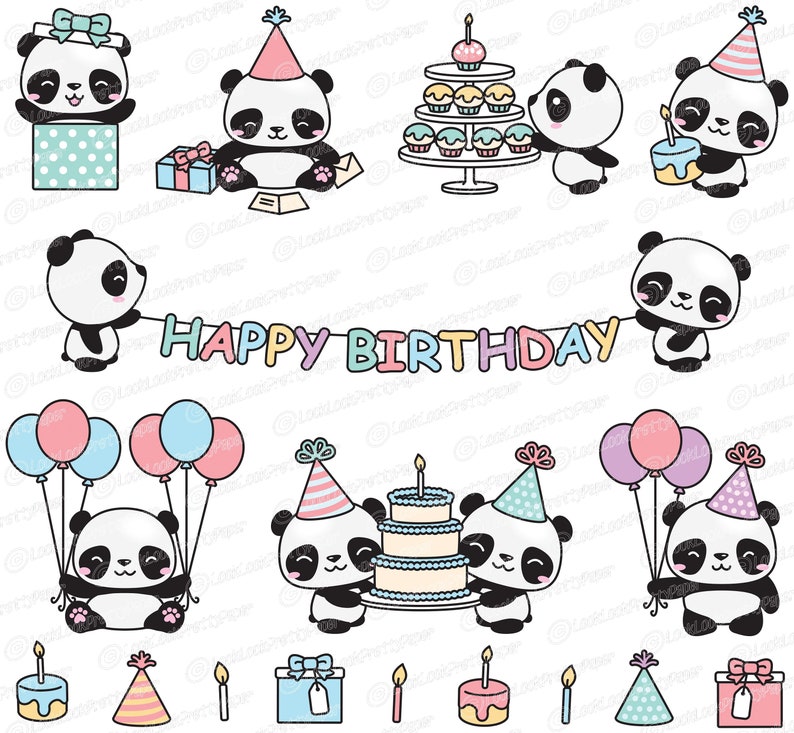 Download Premium Vector Clipart Kawaii Birthday Pandas Cute | Etsy