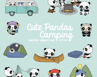 Premium Vector Clipart - Kawaii Panda - Cute Panda Camping Clipart Set - Instant Download - Kawaii Clipart