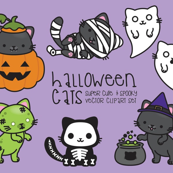 Premium Vektor Clipart - Kawaii Halloween Cats - Süße Halloween Katzen Clipart Set - Hochwertige Vektoren - Kawaii Clipart