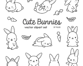 Premium Vector Clipart - Kawaii Bunny Outlines - Cute Bunny Outlines Clipart Set - High Quality Vectors - Instant Download - Kawaii Clipart