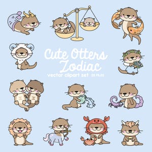 Premium Vector Clipart - Kawaii Otters Zodiac - Cute Otter Star Signs Clipart Set - Vectores de alta calidad - Descarga instantánea - Kawaii Clipart