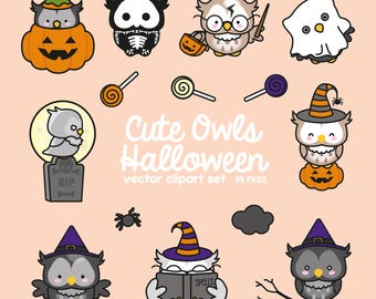 Premium Vektor Clipart - Kawaii Halloween Eulen - Niedliche Halloween Eulen Clipart Set - Hochwertige Vektoren - Kawaii Clipart