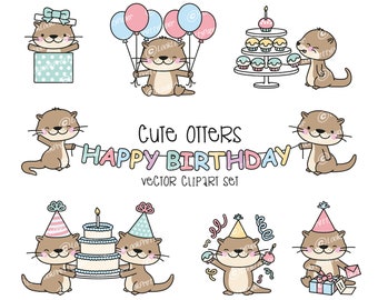 Premium Vector Clipart - Kawaii Birthday Otters - Cute Birthday Otter Clipart Set - High Quality Vectors - Kawaii Birthday Clipart