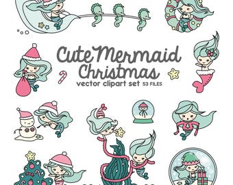 May include: A set of 53 Christmas-themed clip art images featuring cute mermaids in various poses. The images include mermaids wearing Santa hats, holding presents, and decorating a Christmas tree. There are also images of mermaids swimming in the ocean, riding seahorses, and holding candy canes. The text "Cute Mermaid Christmas vector clipart set 53 files" is included in the image.