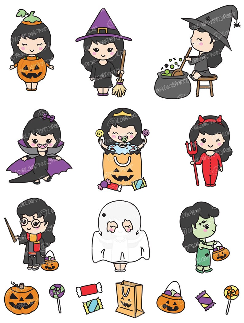 Premium Vektor Clipart - Kawaii Halloween Flicka - Söt Jag Halloween Clipart Set - Svart Hår - Kawaii Halloween Clipart bild 2