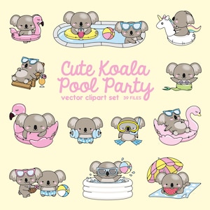 May include: A collection of cute koala bear illustrations enjoying a pool party. The koalas are depicted with sunglasses, pool floats, and beach accessories. The text "Cute Koala Pool Party" is displayed in pink.