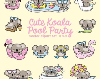 Premium Vector Clipart - Kawaii Koala - Cute Koala Pool Party Clipart - Pool Party - Instant Download - Kawaii Clipart