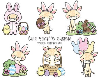 Premium Vector Clipart - Kawaii Easter Giraffes - Cute Easter Giraffes Clipart Set - High Quality Vectors - Kawaii Easter Clipart