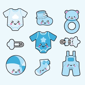 May include: A set of nine blue baby items with cute cartoon faces. The items include a onesie, a bib, a pair of overalls, a rattle, a teether, a sock, a shoe, a ball, and a safety pin.