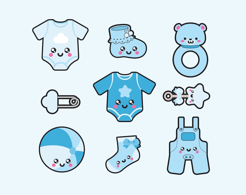 May include: A set of nine blue baby items with cute cartoon faces. The items include a onesie, a bib, a pair of overalls, a rattle, a teether, a sock, a shoe, a ball, and a safety pin.