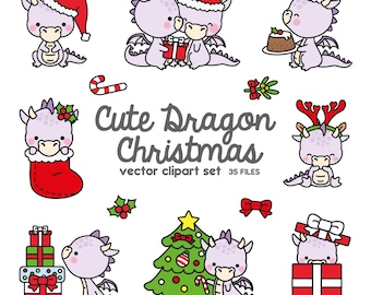 May include: A vector clipart set featuring cute cartoon dragons in various Christmas scenes. Dragons are shown wearing Santa hats, holding gifts, and decorating a Christmas tree. The text "Cute Dragon Christmas" is also included.