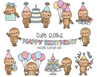 Premium Vector Clipart - Kawaii Birthday Sloths - Cute Birthday Sloth Clipart Set - High Quality Vectors - Kawaii Birthday Clipart