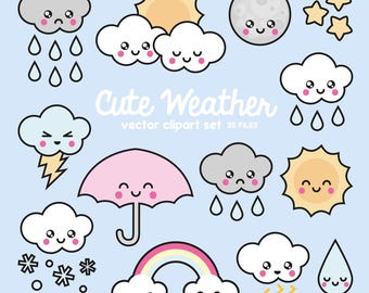 Premium Vektor Clipart - Kawaii Wetter Clipart - Kawaii Wetter Clip art Set - hochwertige Vektoren - Sofort Download - Kawaii Clipart
