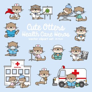 Premium Vektor Clipart - Kawaii Otter - süsses Otter gesundheits Helden Clipart - Otter Ärzte - Instant Download - Kawaii Clipart