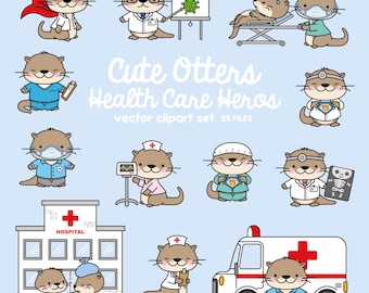 Premium Vector Clipart - Kawaii Otter - Cute Otters Healthcare Heros Clipart - Otter Doctors - Instant Download - Kawaii Clipart
