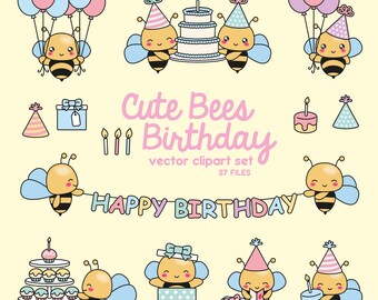 May include: Cute bee birthday party clipart set with 37 files.  The set includes bees holding birthday cake, presents, and balloons.  There are also bees holding a banner that says "Happy Birthday".