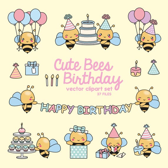 Premium Vector Clipart - Kawaii Birthday Bees - Cute Birthday Bees Clipart Set - High Quality Vectors - Kawaii Birthday Clipart