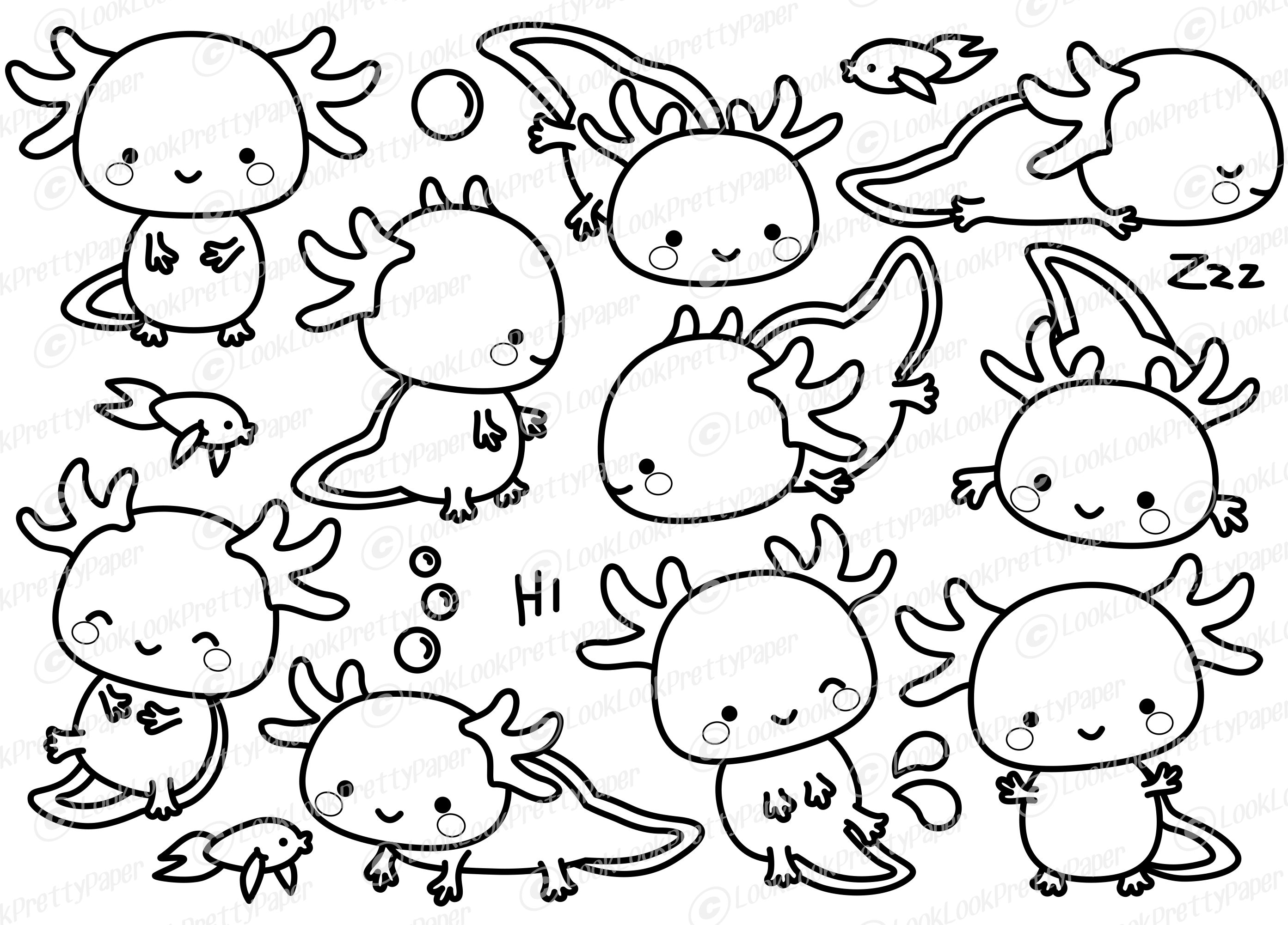 Premium Vector Clipart Kawaii Axolotl Outlines Cute Etsy