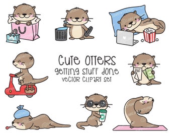 Premium Vector Clipart - Kawaii Otter - Cute Otters Planning Clipart - Getting Stuff Done - Instant Download - Kawaii Clipart