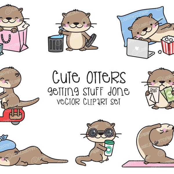 Premium Vektor Clipart - Kawaii Otter - Süße Otter Planen Clipart - Getting Stuff Done - Sofortiger Download - Kawaii Clipart