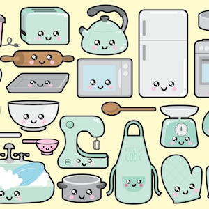 May include: A set of 17 cartoon kitchen appliances and tools with cute faces. The appliances are in various colors, including pink, blue, green, and gray. The tools include a rolling pin, a wooden spoon, a spatula, a measuring cup, and oven mitts.