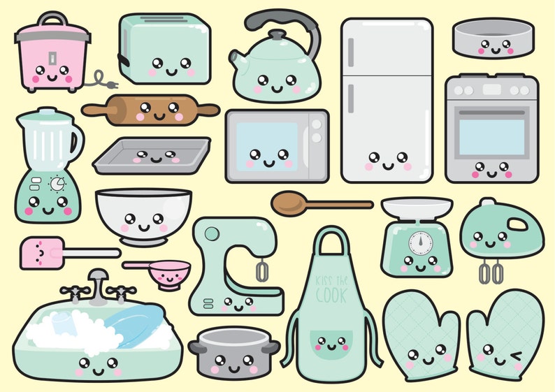 May include: A set of 17 cartoon kitchen appliances and tools with cute faces. The appliances are in various colors, including pink, blue, green, and gray. The tools include a rolling pin, a wooden spoon, a spatula, a measuring cup, and oven mitts.