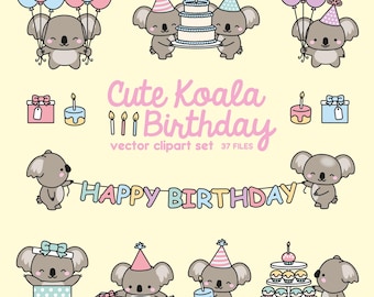 Premium Vector Clipart - Kawaii Birthday Koalas - Cute Birthday Koalas Clipart Set - High Quality Vectors - Kawaii Christmas Clipart