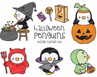 Premium Vector Clipart - Kawaii Halloween Penguins - Cute Halloween Penguins Clipart Set - High Quality Vectors - Kawaii Halloween Clipart