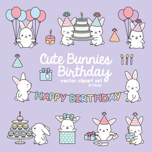 Premie Vector Clipart - Kawaii verjaardag konijntjes - schattige verjaardag Bunny Clipart Set - hoge kwaliteit vectoren - Kawaii kerst Clipart