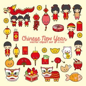 Premium Vector Clipart - Clipart nouvel an chinois Kawaii - grand ensemble de cliparts Kawaii - vecteurs de haute qualité - téléchargement immédiat