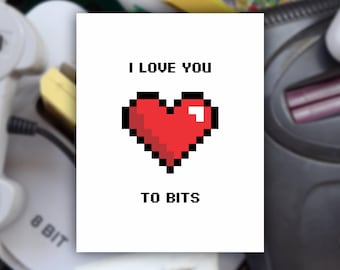 Tarjeta de felicitación de aniversario de San Valentín con un videojuego de 8 bits "Te amo hasta las cejas".