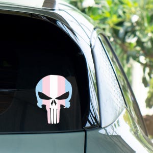 May include: A white, pink, and light blue skull sticker, with the colors arranged in vertical stripes. The sticker is affixed to a car window, with a blurred green background.