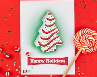 Tarjeta de felicitación navideña con pastel de árbol de Navidad