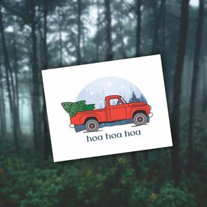 Hoa Hoa Hoa Bella's Little Red Truck przewożąca choinkę świąteczną kartka z pozdrowieniami