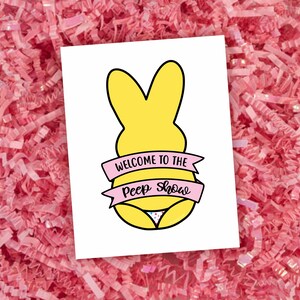 Cartão de Páscoa Engraçado, Coelhinho de Marshmallow Bem-vindo ao Peep Show! Presentes para Adultos