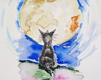Cat And Moon Print, Gift For Cat Lover - Direct From The Artist