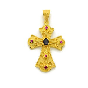 Mens Gold Cross, Greek Cross, Byzantine Cross, Husband Gift, Gemstone Cross, 14K Gold, Sapphire Cross, Etruscan Style, Byzantine Jewelry