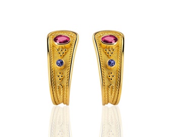 18K Gold Ruby Sapphire Earrings, Handmade Byzantine Greek Jewelry